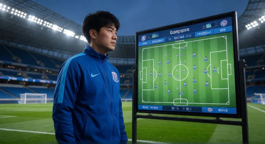 como mejorar jugadores en efootball 2025, Entrenador analizando estadísticas de jugadores en campo de entrenamiento