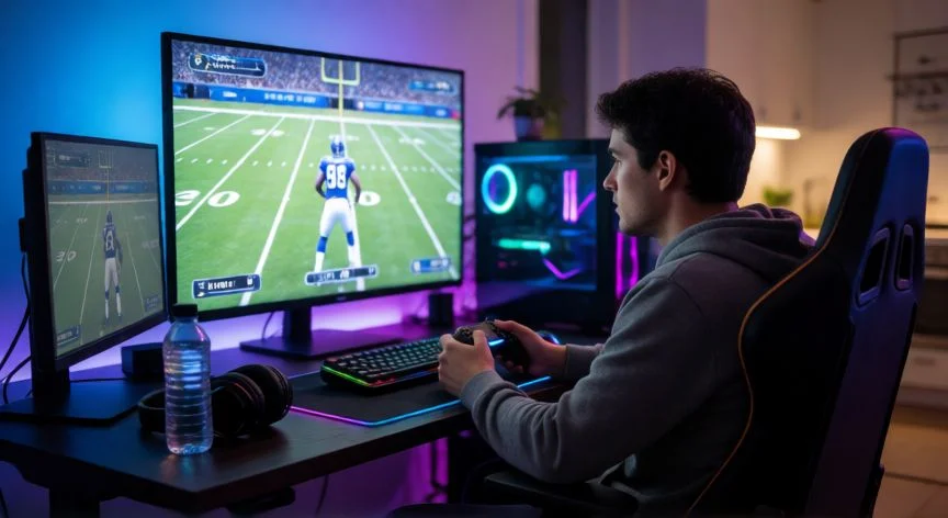 como mejorar jugadores en efootball 2026, Jugador usando eFootball en su setup gaming con iluminación RGB