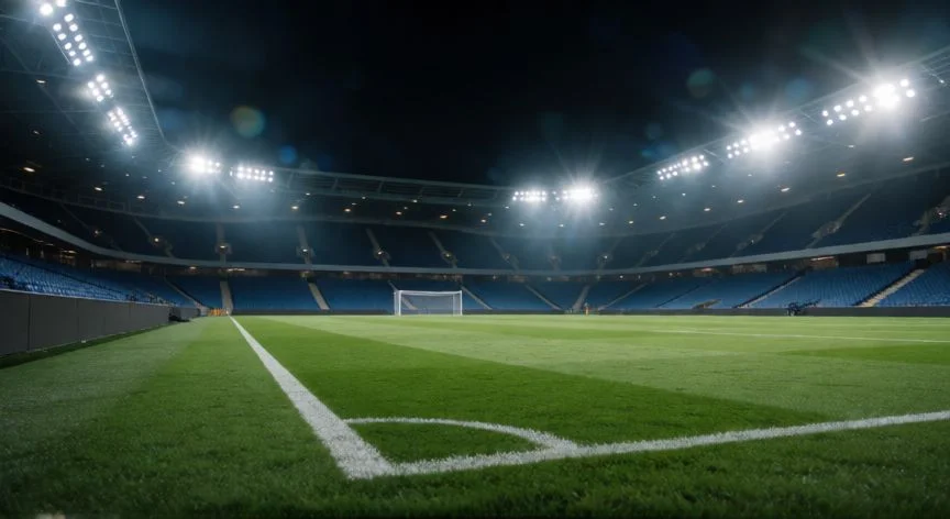 como mejorar jugadores en efootball 2026, Estadio de fútbol bajo las luces nocturnas, vista desde la banda