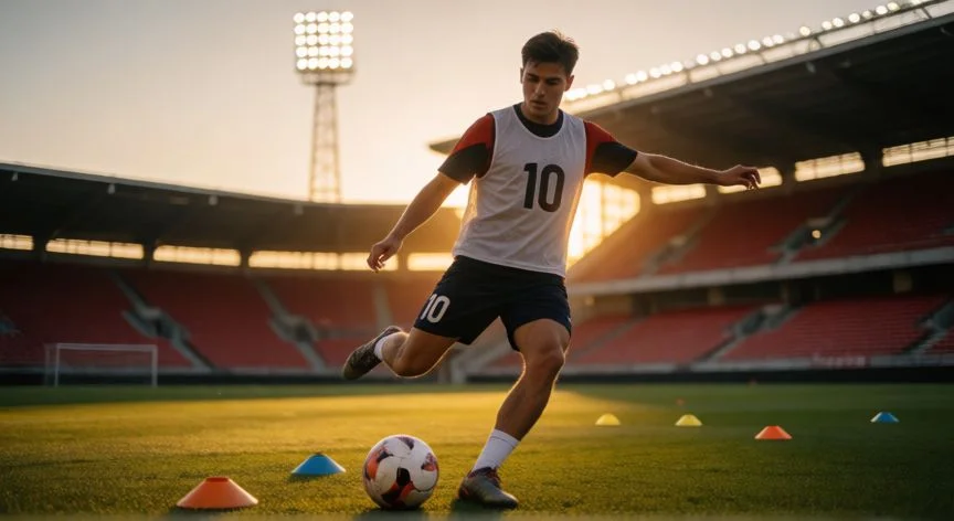 Jugador joven entrenando tiros en el estadio al atardecer en el Modo Carrera de FC 25