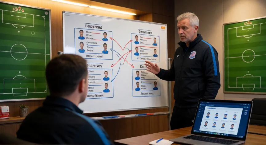 como mejorar jugadores modo carrera fc 25, Entrenador revisando el plan de desarrollo de sus jugadores en la oficina técnica