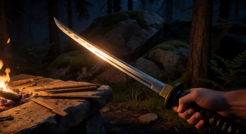 como mejorar katana the forest, Katana afilada junto a una mesa de trabajo de piedra en un bosque nocturno