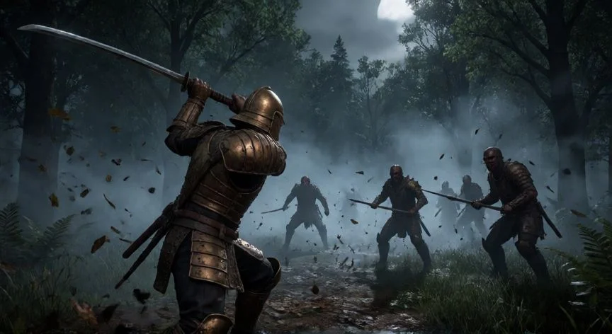 como mejorar katana the forest, Sobreviviente con armadura de bronce usando katana contra mutantes en el bosque