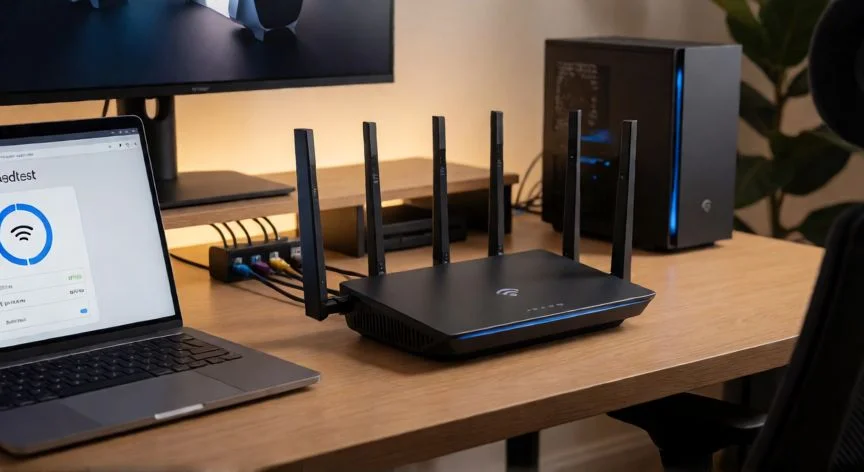 como mejorar kbps, Router Wi-Fi 6 en escritorio con laptop mostrando test de velocidad y cables ethernet organizados