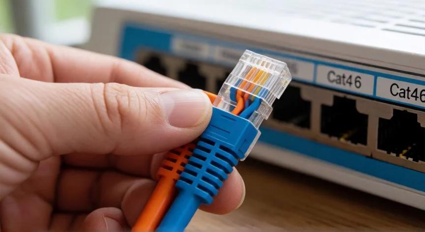 como mejorar kbps, Manos inspeccionando conector RJ45 de cable ethernet Cat 6 junto a puertos de router