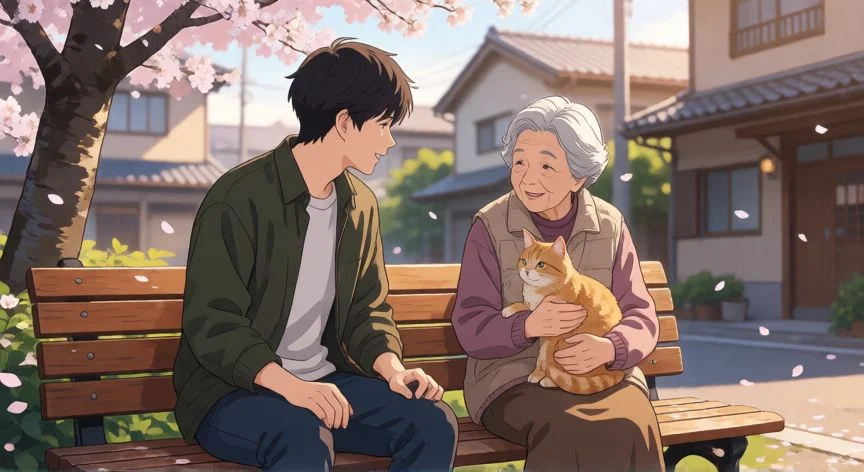 como mejorar kindness en persona 5, Escena amable en un parque japonés con un gato y pétalos de cerezo