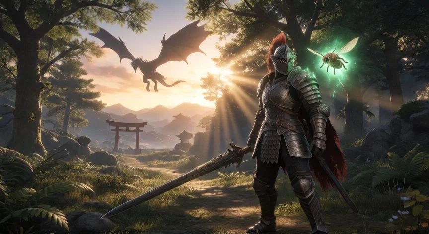 como mejorar kinsecto mh rise, Cazador con Kinsect activo en un bosque de Monster Hunter Rise