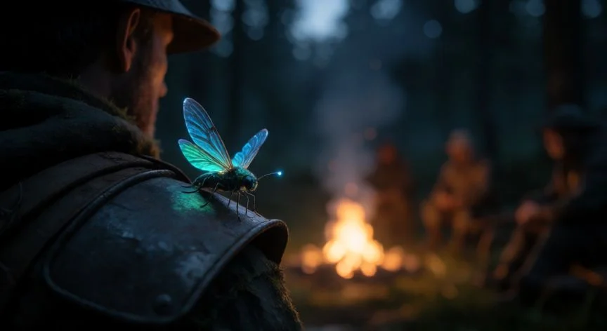 como mejorar kinsecto mh wilds, Kinsecto bioluminiscente sobre la armadura de un cazador en MH Wilds
