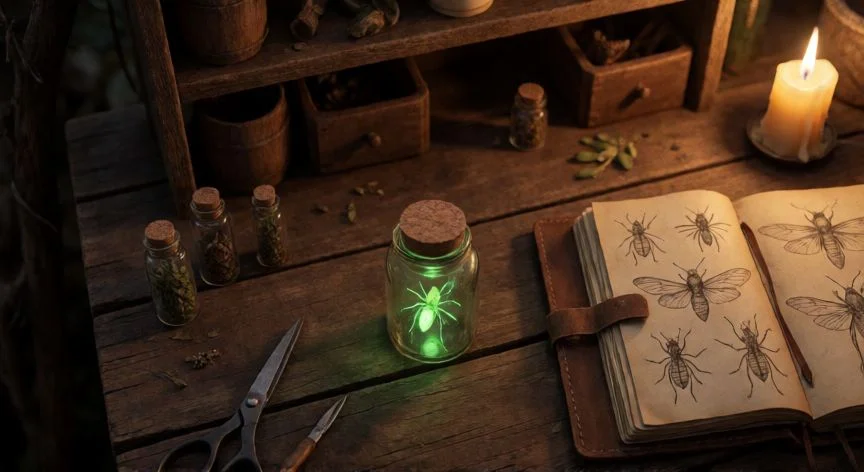como mejorar kinsecto mh wilds, Mesa de trabajo del cazador con kinsecto en bote y hierbas para su mejora