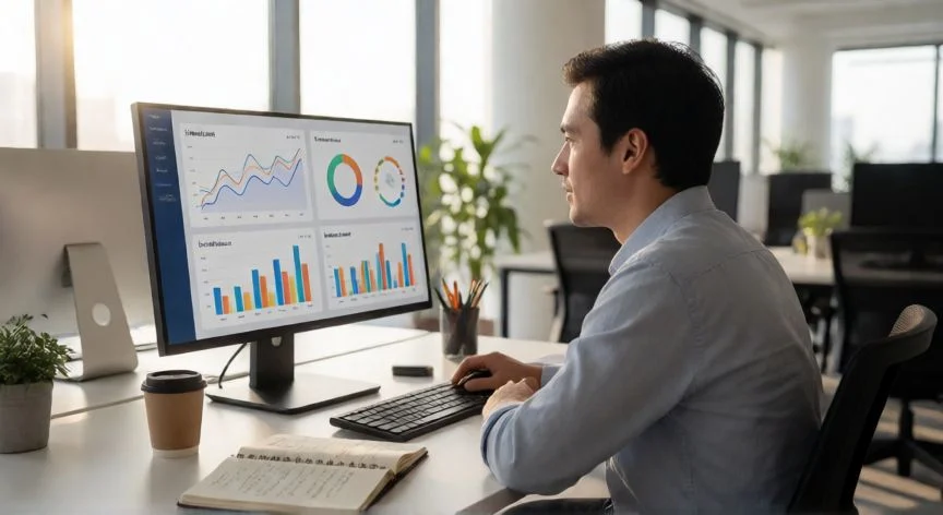 como mejorar kpis, Analista de negocio revisando un dashboard de KPIs en una oficina moderna
