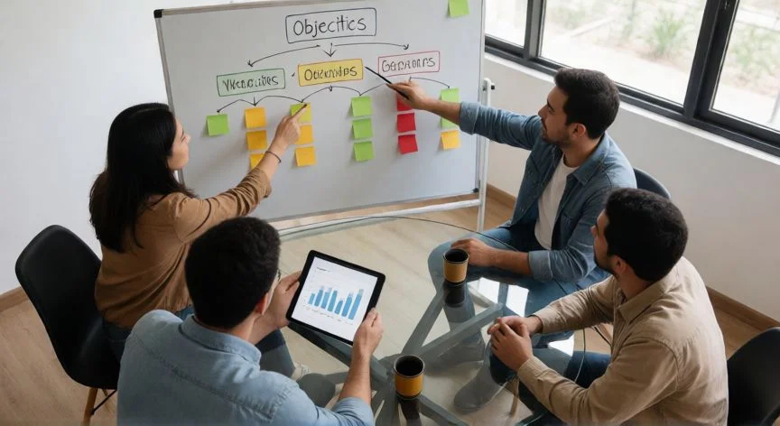 como mejorar kpis, Equipo colaborando en torno a un árbol de objetivos con KPIs en una pizarra