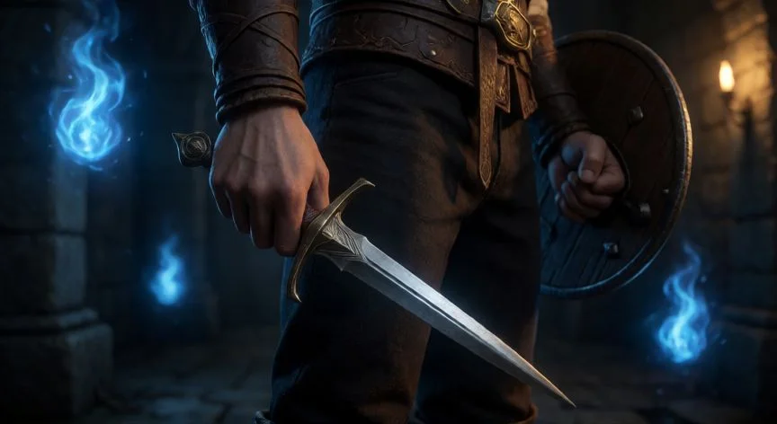 como mejorar kris demon's souls, Personaje empuñando la Kris con escudo en un pasillo de Demon's Souls