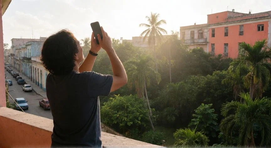 como mejorar la 4g en cuba, Persona buscando señal 4G en un balcón en La Habana, Cuba