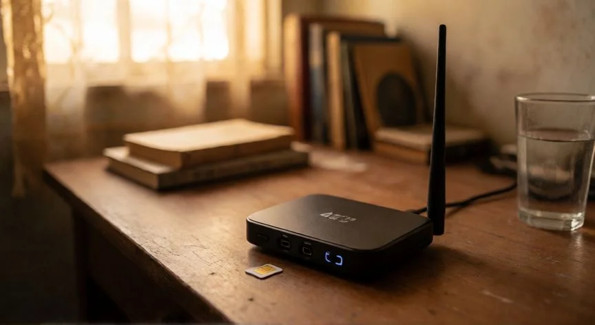 como mejorar la 4g en cuba, Router 4G portátil con antena externa sobre un escritorio en Cuba