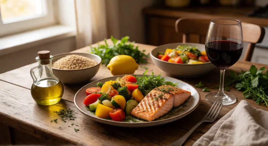 como mejorar la calidad de vida del ser humano, Comida mediterránea saludable servida en una mesa de madera con luz natural