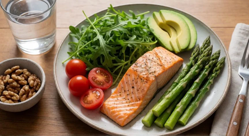 como mejorar la circulacion, Plato mediterráneo con salmón, verduras y frutos secos para una dieta que favorece la circulación