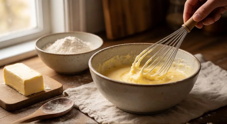 como mejorar la receta de mis queques, Batido de huevos y azúcar junto a harina tamizada y mantequilla en una cocina casera