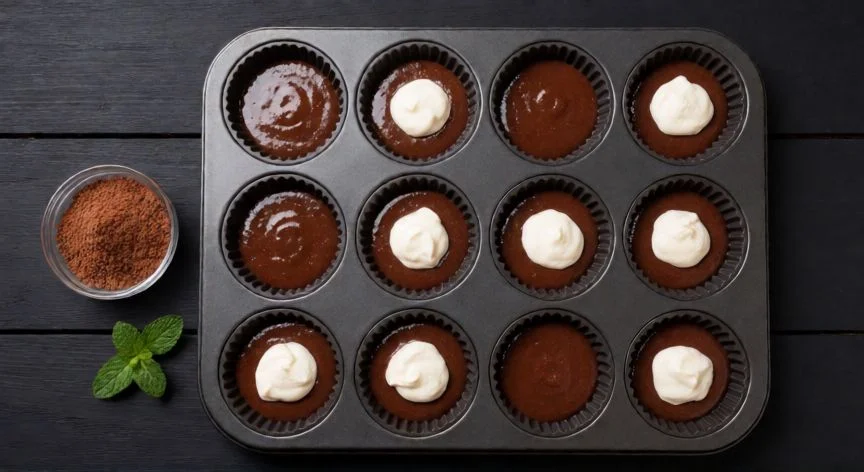 como mejorar la receta de mis queques, Moldes de queques rellenos con masa de chocolate listos para hornear