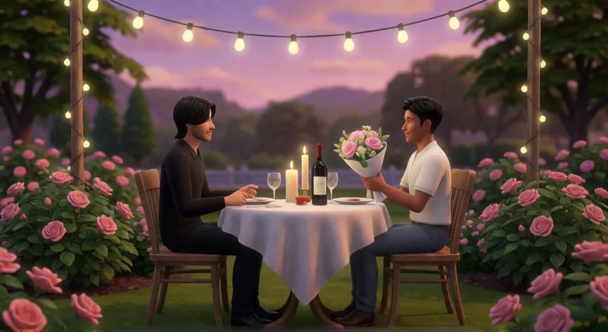 como mejorar la relacion de mis sims 4, Cena romántica al aire libre entre dos Sims en un jardín iluminado con velas