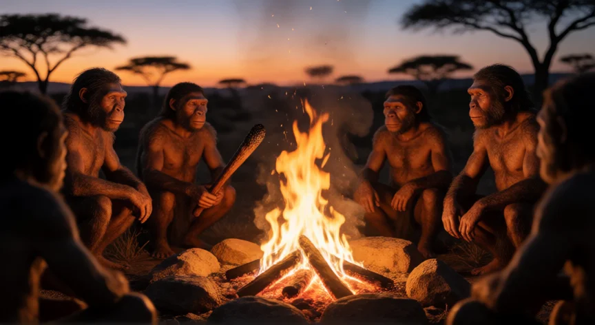 cómo mejorar la vida del ser humano con el descubrimiento del fuego, Hominidos reunidos alrededor de una foguera al atardecer en la sabana africana prehistórica