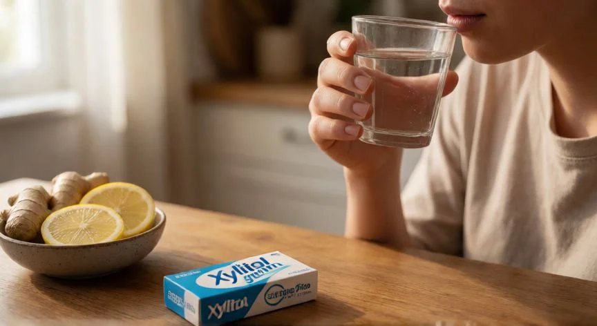 Hidratación y chicles de xilitol sobre la mesa para combatir la sequedad bucal