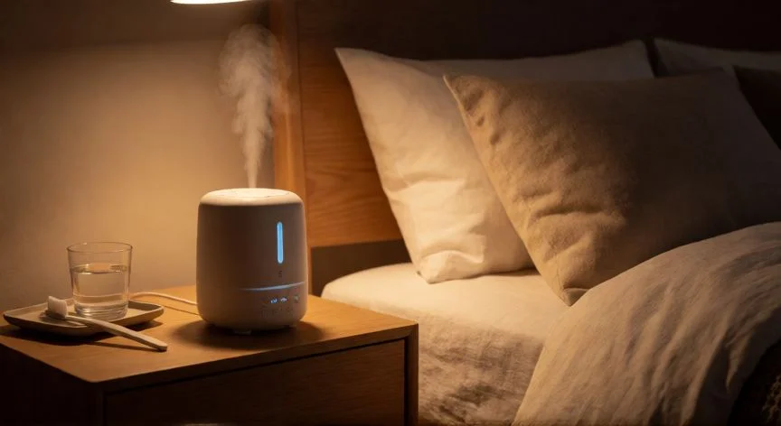 como mejorar la xerostomia, Humidificador nocturno y vaso de agua en la mesita de noche para aliviar xerostomía