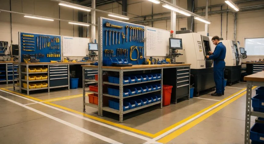 como mejorar las 5s en una empresa, Taller industrial ordenado con metodología 5S, herramientas en paneles y suelo marcado