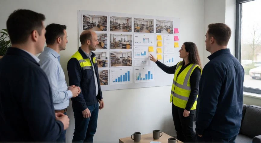 como mejorar las 5s en una empresa, Reunión de equipo revisando tablero de auditoría 5S con indicadores y fotos
