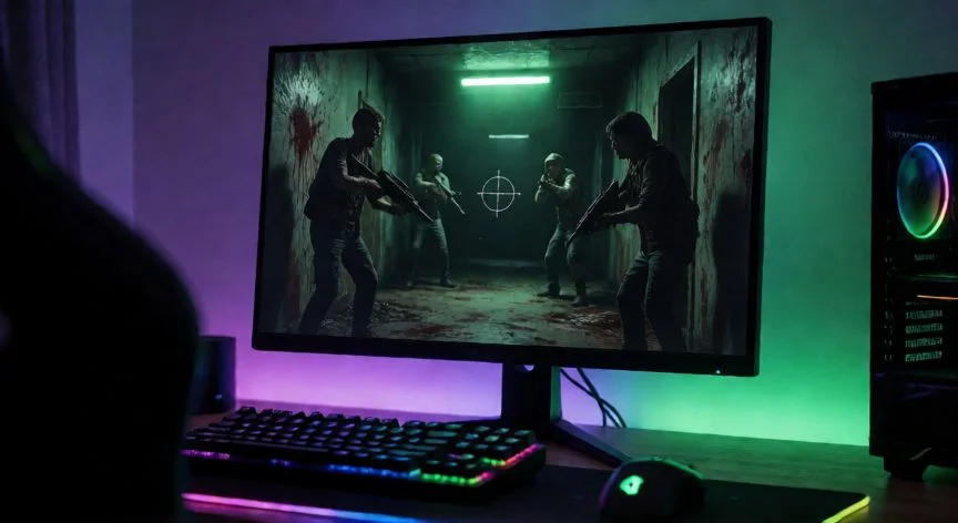 como mejorar left 4 dead 2, Setup de juego con Left 4 Dead 2 en pantalla con iluminación ambiental