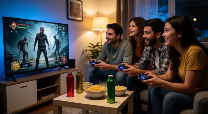 como mejorar left 4 dead 2, Grupo de amigos jugando Left 4 Dead 2 en cooperativo en el salón