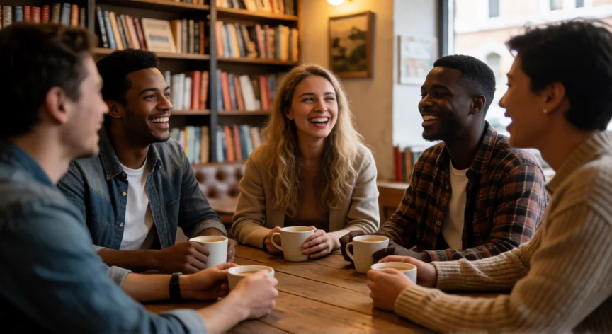 como mejorar lo de ser precoz, Grupo de amigos conectando en una librería-cafetería, simbolizando la búsqueda de tu tribu