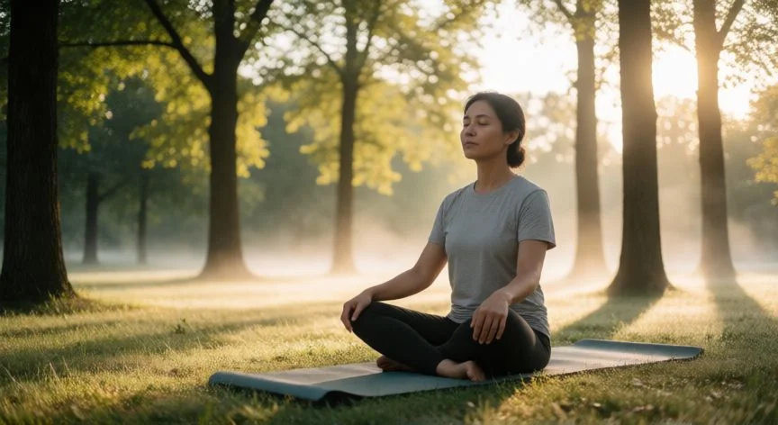 cómo mejorar lo que respiramos, Persona practicando respiración diafragmática en un parque al amanecer