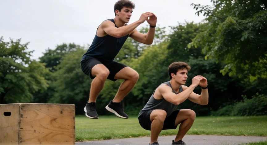 como mejorar los 1000 metros lisos, Atleta realizando trabajo de fuerza y potencia con saltos en campo abierto