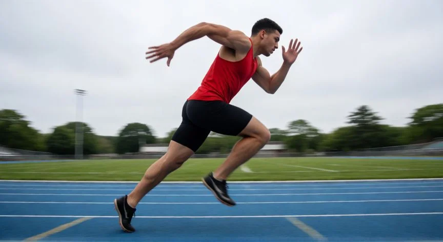 como mejorar los 50 metros lisos, Atleta en plena carrera de 50 metros lisos en pista de atletismo, vista lateral