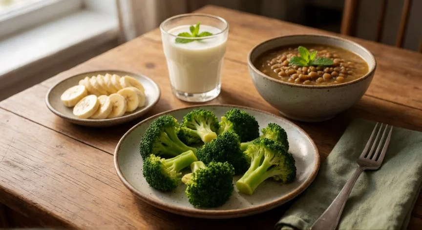 como mejorar los gases, Comida anti-gases: lentejas, brócoli al vapor y kéfir con menta sobre mesa de madera