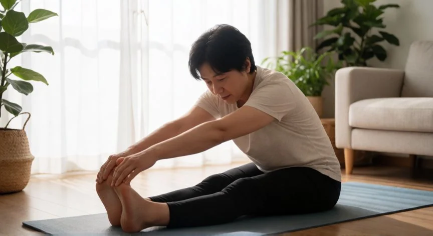 como mejorar los gases, Mujer estirando en postura de yoga suave en un salón luminoso para facilitar el tránsito intestinal