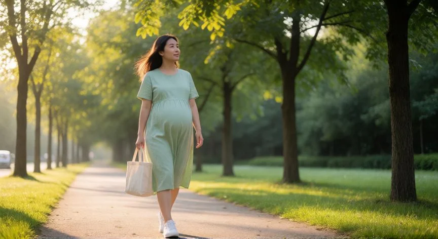 como mejorar los gases en el embarazo, Mujer embarazada dando un paseo matutino por un parque arbolado