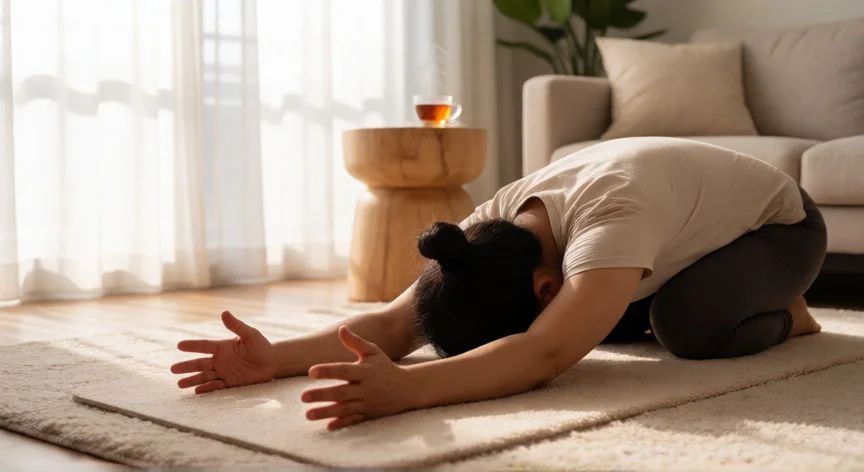 como mejorar los gases intestinales, Persona haciendo yoga en postura del niño para aliviar gases intestinales