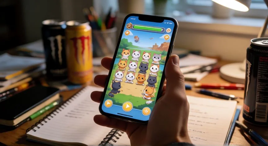 como mejorar los gatos normales a nivel 30 en the battle cats, Jugador gestionando sus unidades de The Battle Cats desde el móvil en su escritorio
