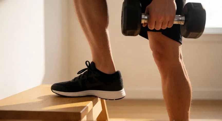 como mejorar los gemelos, Elevación unilateral de gemelos en un escalón con mancuerna en casa