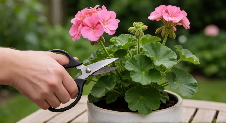 como mejorar los geranios, Manos podando un geranio rosa con tijeras de jardín sobre una mesa de madera