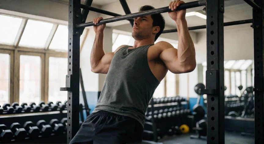 como mejorar los pull ups, Hombre realizando dominada estricta en barra fija en gimnasio