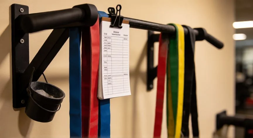 como mejorar los pull ups, Barras y bandas elásticas para progresión en dominadas en gimnasio