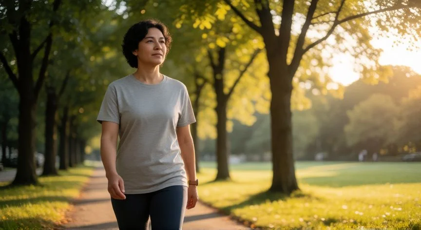 como mejorar mi autoestima, Persona caminando por un parque al atardecer disfrutando del ejercicio al aire libre
