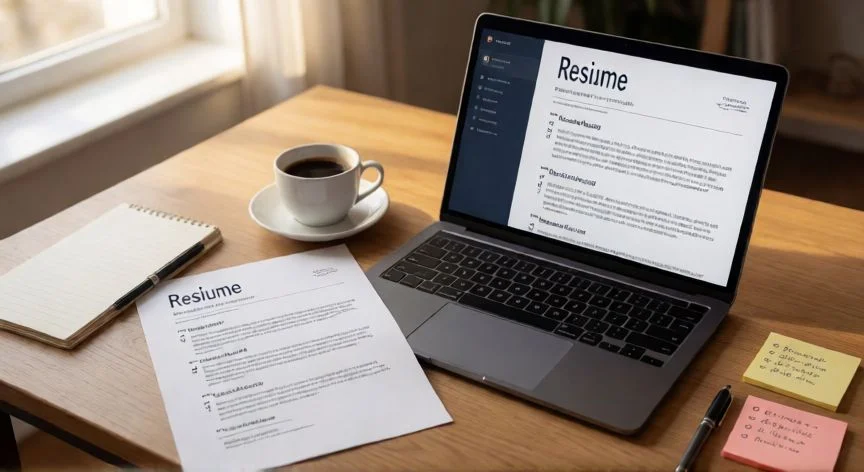 como mejorar mi cv, Mesa de trabajo con CV impreso y portátil mostrando currículum