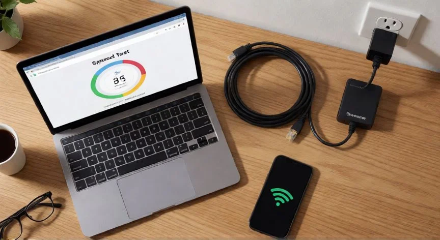 como mejorar mi internet, Mesa de trabajo con portátil mostrando test de velocidad, cable Ethernet y adaptador Powerline