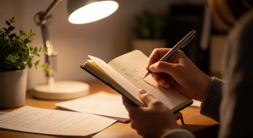 como mejorar mi manera de ser, Manos escribiendo en un cuaderno de journaling sobre una mesa de madera con luz cálida
