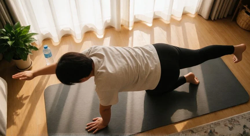 como mejorar mi postura, Persona realizando ejercicio de bird dog en una esterilla de yoga en su salón