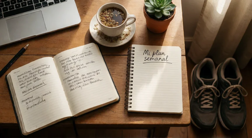 como mejorar mi ser, Mesa de escritorio con diario de escritura, plan semanal y zapatillas de ejercicio en una habitación cálida