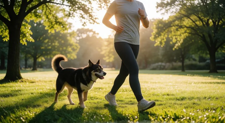 como mejorar mi sistema inmunologico, Persona caminando a paso ligero por un parque verde al amanecer